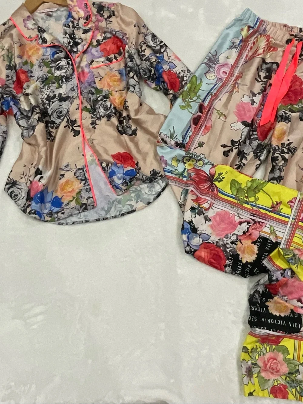 Rare Victoria's Secret Beige Floral Satin Top with Pink and Yellow Accents